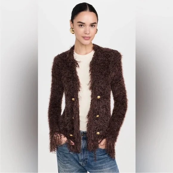 L'AGENCE Chocolate Brown Fuzzy Jacket with Gold Logo Tag - Picture 3 of 6